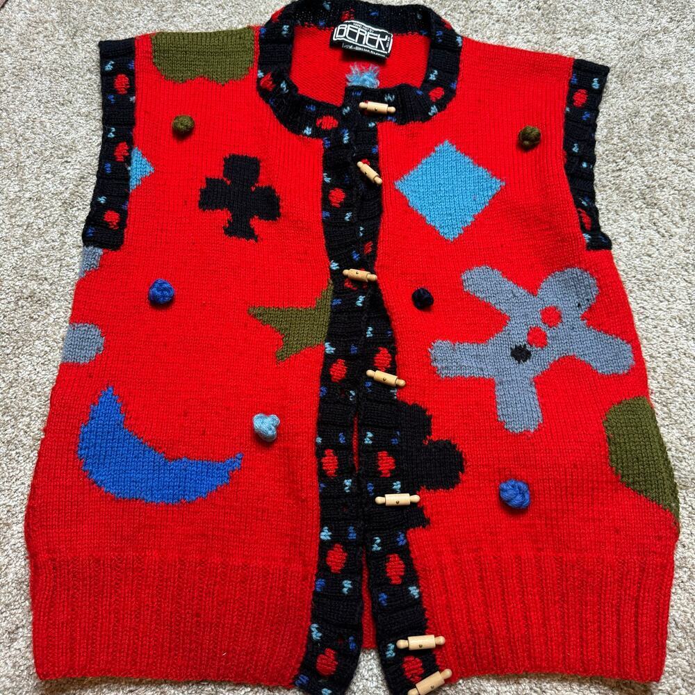 80s/90s Berek Marta D Sweater Vest Women Hand Knit Wool Cookie Shape Gingerbread